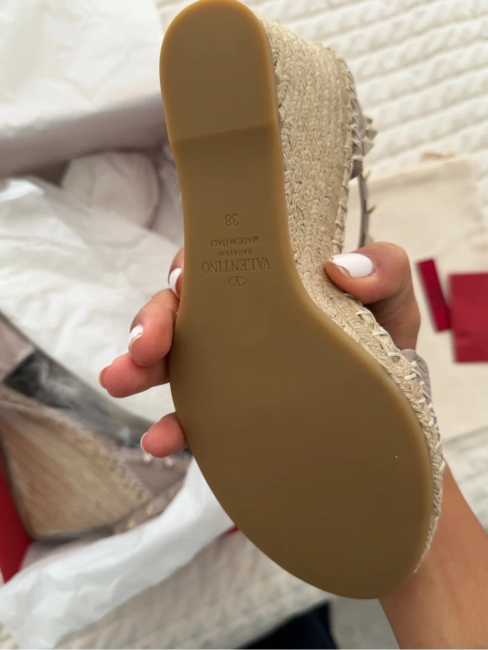 Stud-Trim Beige Wedge Espadrille Sandals